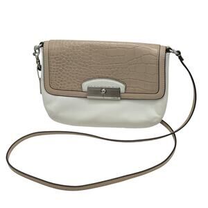 COACH Kristin Leather Flap Croc Embossed Handbag Crossbody Bag Beige Cream